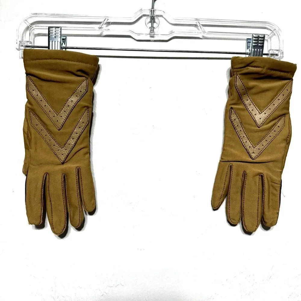 Vintage Driving Gloves Vegan Leather Tan Brown Womens Winter Warm Stretch Lined